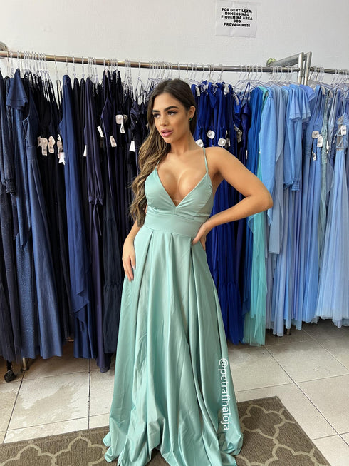 vestido alcinha com decote fenda liso VESTIDO DE FESTA PETRA FINA